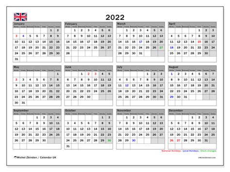 Printable 2022 “uk” Calendar Michel Zbinden En