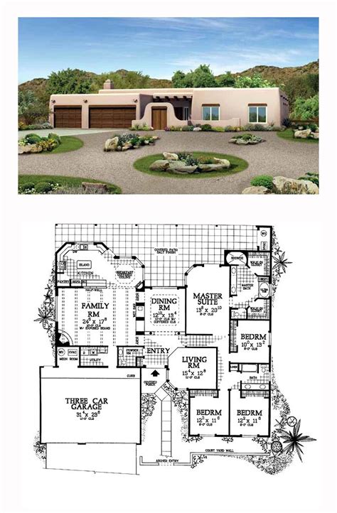 Southwest Style House Plan 90220 With 4 Bed 3 Bath 3 Car Garage