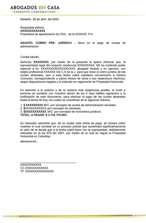 Formato De Cobro Prejuridico Propiedad Horizontal Medell N De Abril Del Respetada