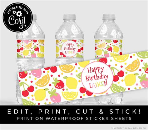 Tutti Frutti Water Bottle Labels Birthday Party Printable Decorations