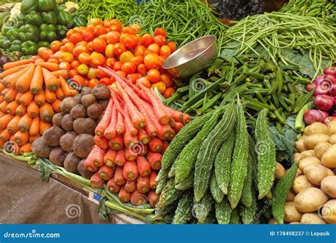 Indian Vegetable Market Street Stall With Exotic Fruits And Vegetables