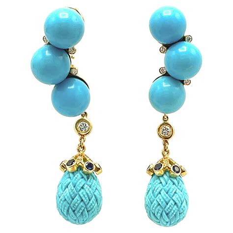 Vintage Turquoise Diamond Gold Dangle Detachable Drop Earrings For Sale