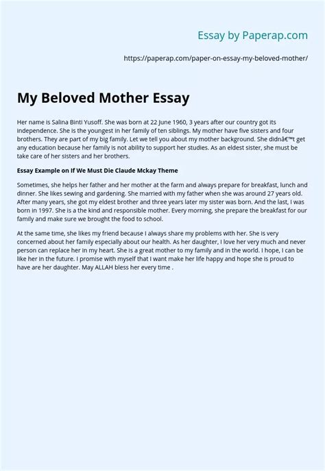 My Beloved Mother Essay Free Essay Example