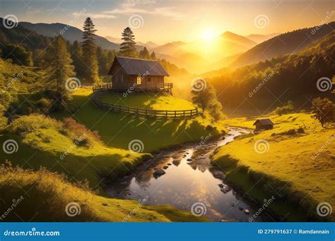 Captivating Sunrise Over Serene Valley, Wooden Hut by Glistening Stream