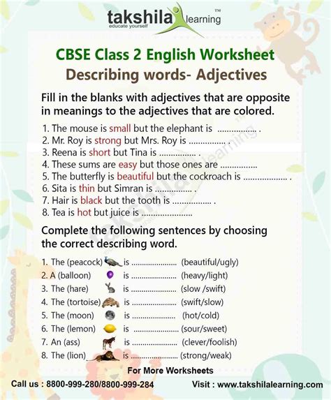 Practice Worksheet For Class 2 English Grammar Adjectives