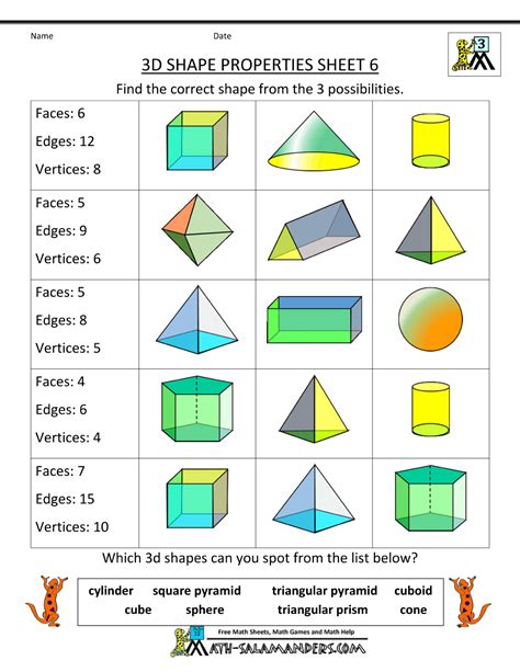 3d Shapes Worksheets Properties 6 Teaching Pinterest 3d Shapes