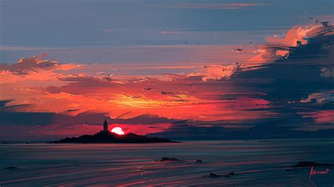 Wallpaper Illustration Sunset Sea Water Reflection Artwork