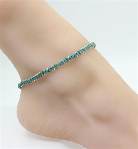 turquoise silver anklet beaded foot jewelry chain ankle bracelet seed bead jewelry