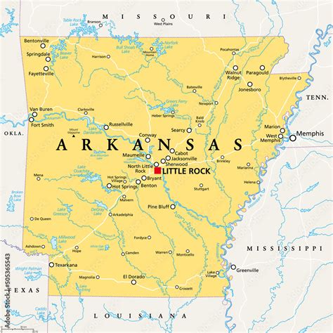 Arkansas AR Political Map With Capital Babe Rock And Largest Cities Lakes And Rivers