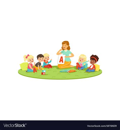 Kids Sitting On Carpet With Teacher And Learning Vector Image