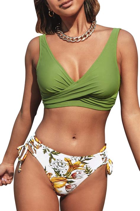 Women S Solid Top Floral Print Bottom Two Piece Bikini Swimsuit Set Lace Up Swimwear Seaselfie