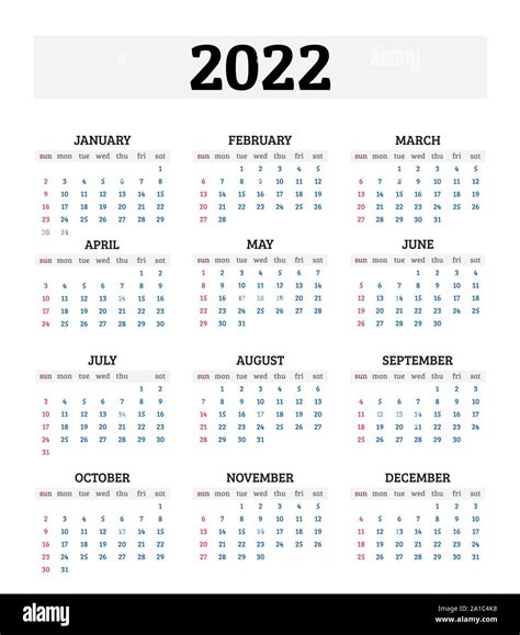 2022 Annual Calendar Vector Illustration Stock Vector Art