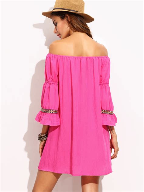 Hot Pink Off The Shoulder Tassel And Woven Tape Dress Sheinsheinside