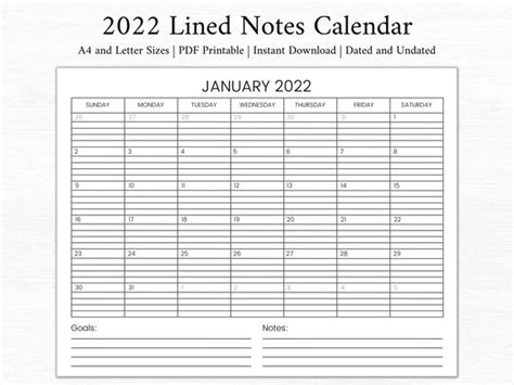 2022 Lined Monthly Calendar Landscape Calendar Printable Etsy