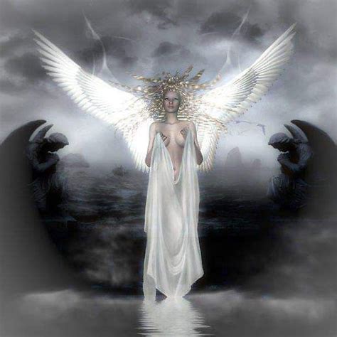 An Angel Standing In The Water With Her Wings Outstretched