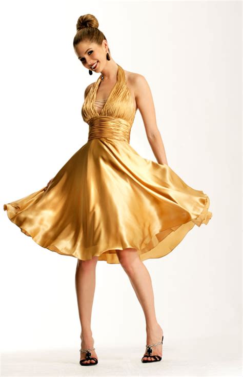 Glamorous Gold Halter Knee Length A Line Silk Satin Prom Dress With