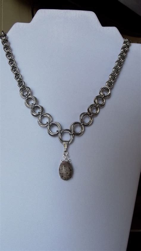 Mobius Necklace With Dalmation Jasper Drop Chain Maille Jewelry