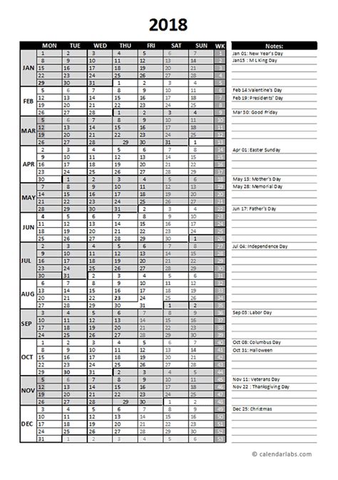 2018 Business Project Planning Calendar With Week Number Free