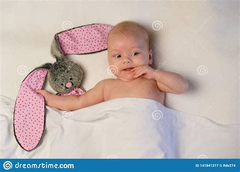 Beautiful Newborn Girl Lying Under A Blanket With A Toy Bunny Stock