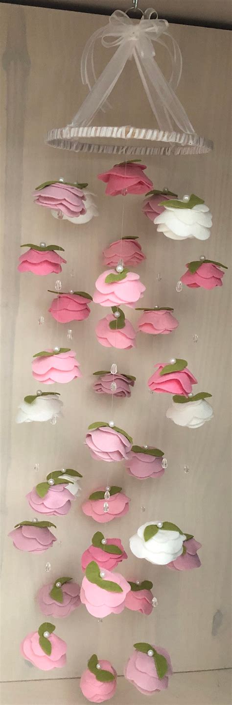 Mixed Pinkswhite Crystals Pearls Felt Flower Mobile Roses Etsy