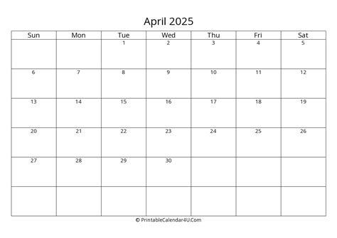 April 2025 Calendar Printable Landscape Layout