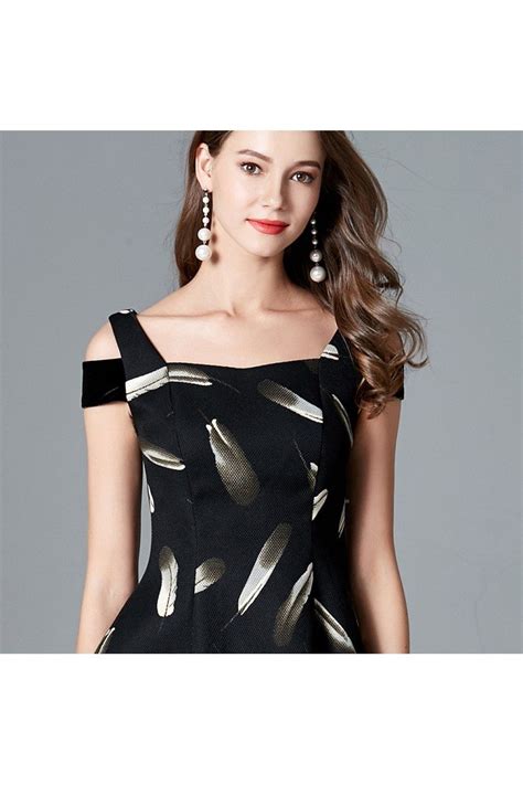 Feather Printed A Line Black Short Party Dress With Cold Shoulder 58