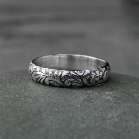 Sterling Silver Etched Ring Band Embossed Stacking Ring Floral