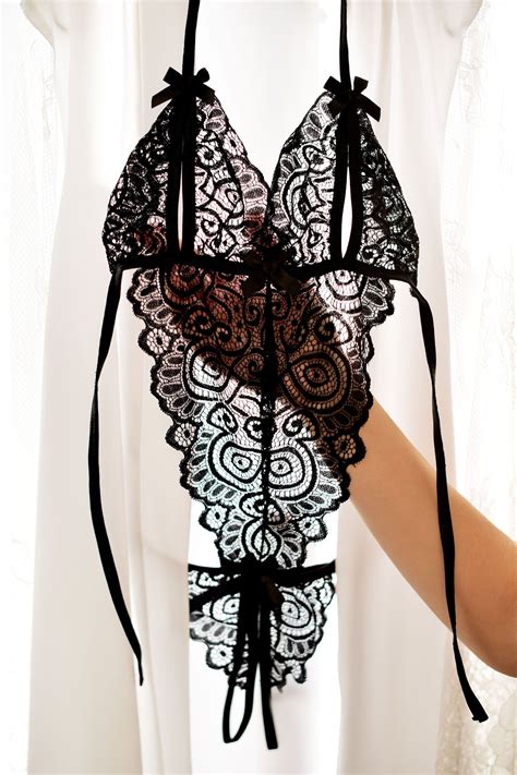 Black Lace Bodysuit Lingerie Erotique Transparent Lace Teddy Etsy Artofit