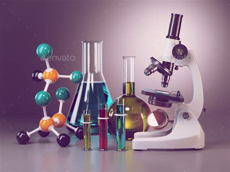 Microscope With Flasks Vials And Model Of Molecule Chemistry O Stock