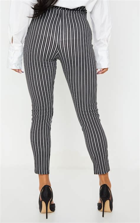 Pantalon skinny noir rayé froncé à la taille Pantalons