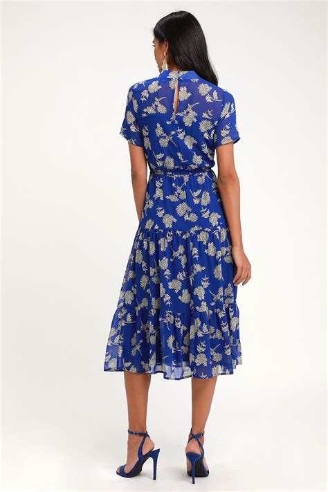 Floral Dressed Up Royal Blue Floral Print Midi Dress Midi Short Sleeve Dress Floral Print