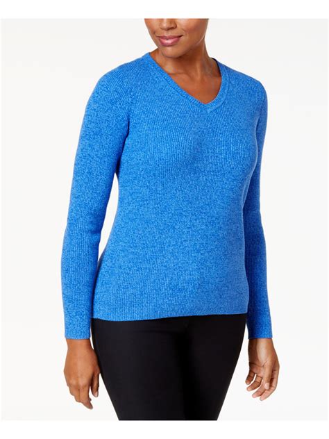Karen Scott Womens Blue Ribbed Long Sleeve V Neck Sweater Petites Pp