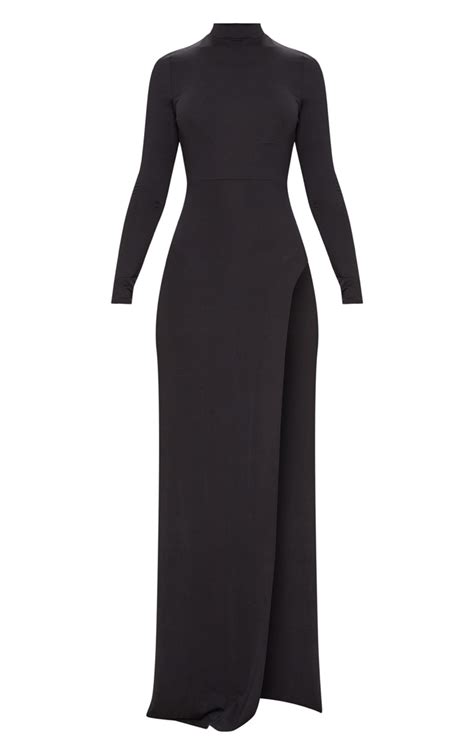 Black Side Split Long Sleeve Maxi Dress Prettylittlething Usa
