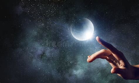 Hand Touching The Moon Stock Photo Image Of Moon Nature 96498114