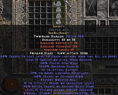 Infinity Cryptic Axe - Ethereal - 340% ED & -55% ELR - Perfect - Buy Diablo 2 Items - D2 Items ...