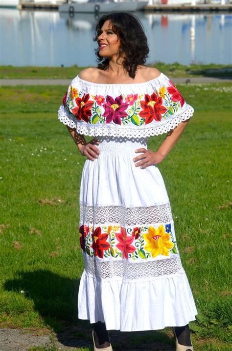 Multicolor Embroidered Off Shoulders Mexican Dress White Mexican