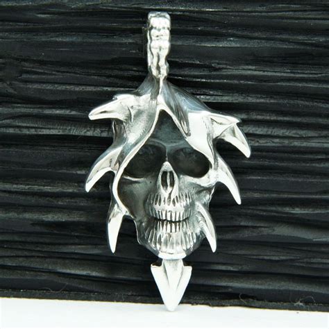 Grim Reaper Skull 925 Sterling Silver Spike Day Of Dead Gothic Pendant