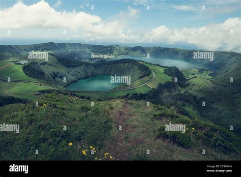 Aerial View Of Boca Do Inferno Lakes In Sete Cidades Volcanic Craters
