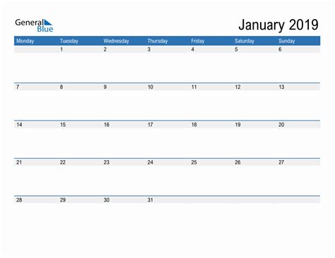 Editable Calendar Template For January 2019