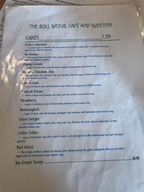 Menu At The Boll Weevil Cafe And Sweetery Augusta