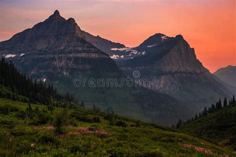 Sunset On The Mountains Glacier National Park Montana Stock Photo