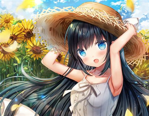 Anime Original Black Hair Blue Eyes Girl Hat Sunflower Hd
