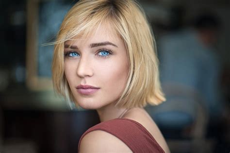 Blonde Girl With Short Hair And Blue Eyes Wallpapers And