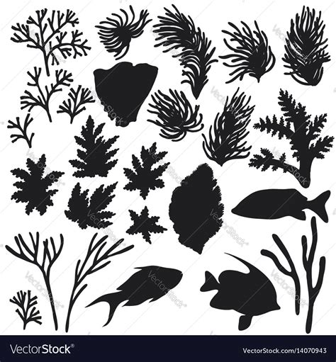 Reef Animals And Corals Silhouette Set Royalty Free Vector