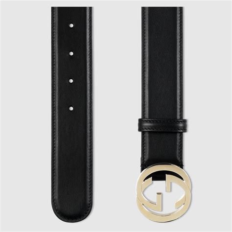 Black Leather Belt With Light Fine Gold Interlocking G Gucci No