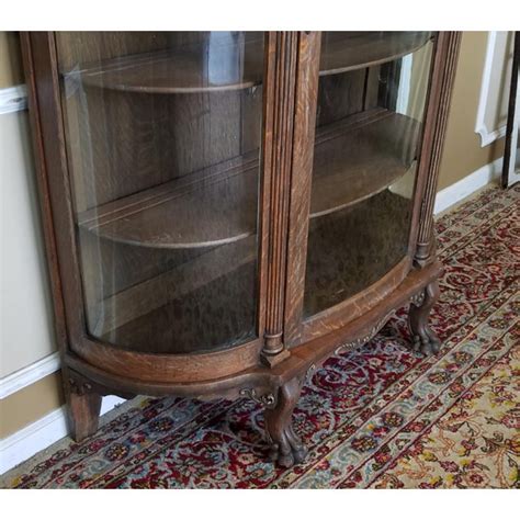 1890s Antique Carved Quartered Oak Victorian Curved Glass Curio Display