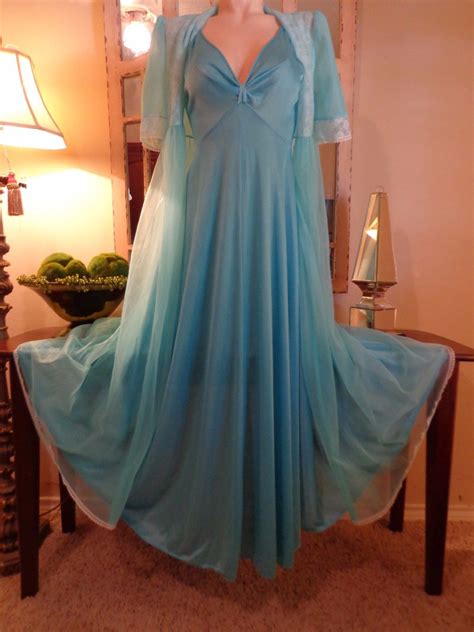 Vintage Olga Nightgown Robe Set Blue Twisttop Gown Sheer Chiffon
