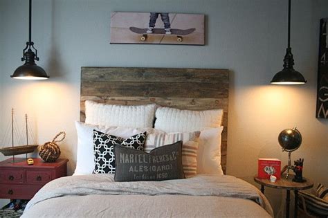 A luminaire for general lighting and a mood maker. Industrial bedroom with recycled timber bedhead and ...