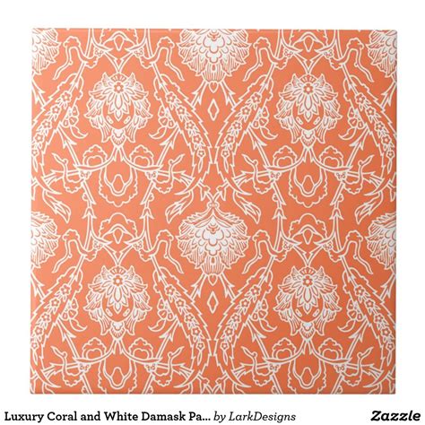 Luxury Coral And White Damask Pattern Decorative Ceramic Tile Zazzle