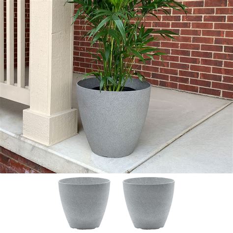 2 Pack 15 Inch Round Faux Stone Resin Garden Potted Planter Flower Pot